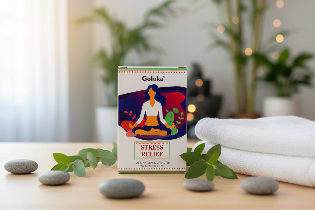 Goloka Stress Relief product packaging with a woman in a meditative pose on a wooden surface.