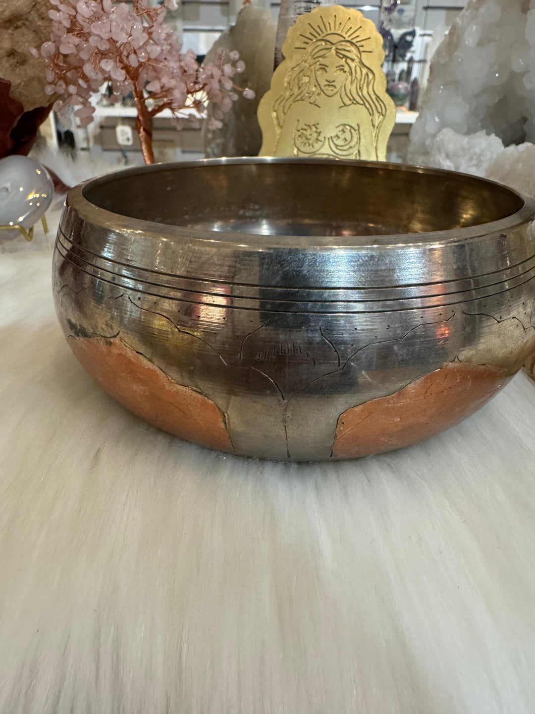 2 Tone Silver White; Copper Tibetan Meditation Singing Bowl (6' Diameter) with Wooden mallet