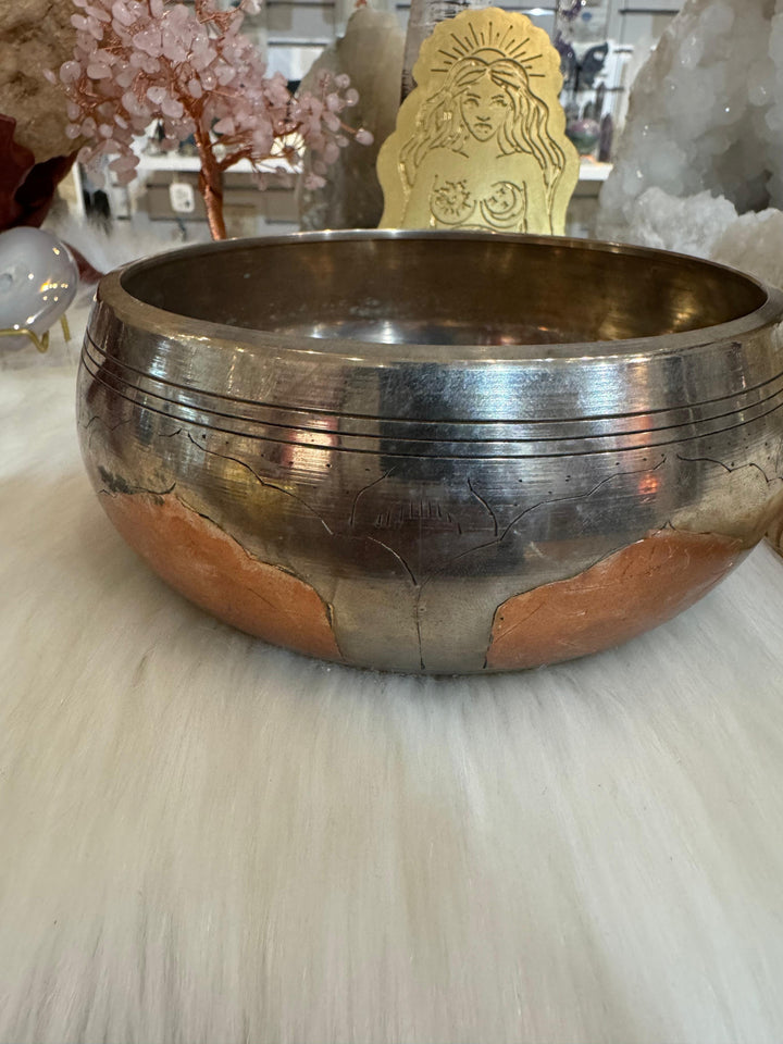 2 Tone Silver White; Copper Tibetan Meditation Singing Bowl (6' Diameter) with Wooden mallet
