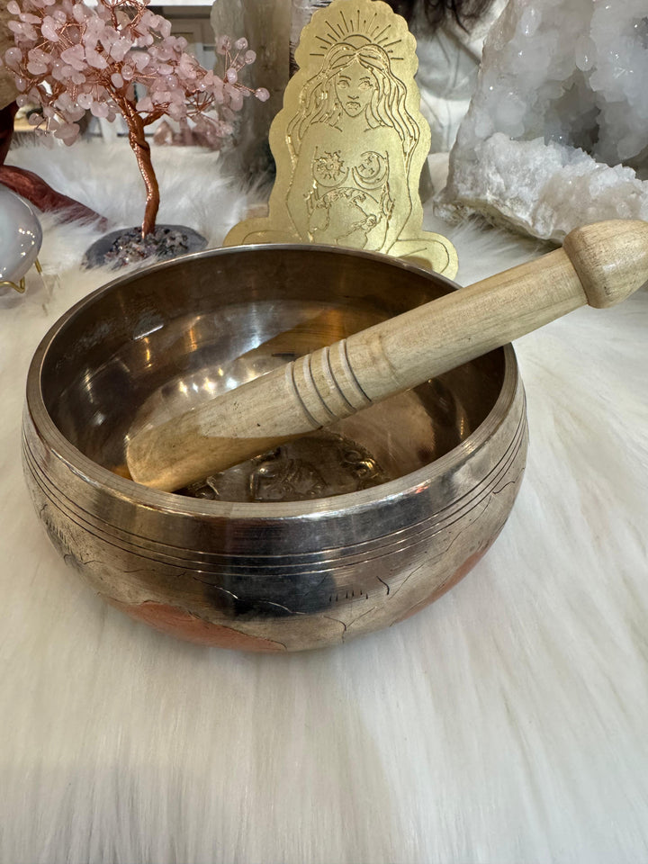 2 Tone Silver White; Copper Tibetan Meditation Singing Bowl (6' Diameter) with Wooden mallet