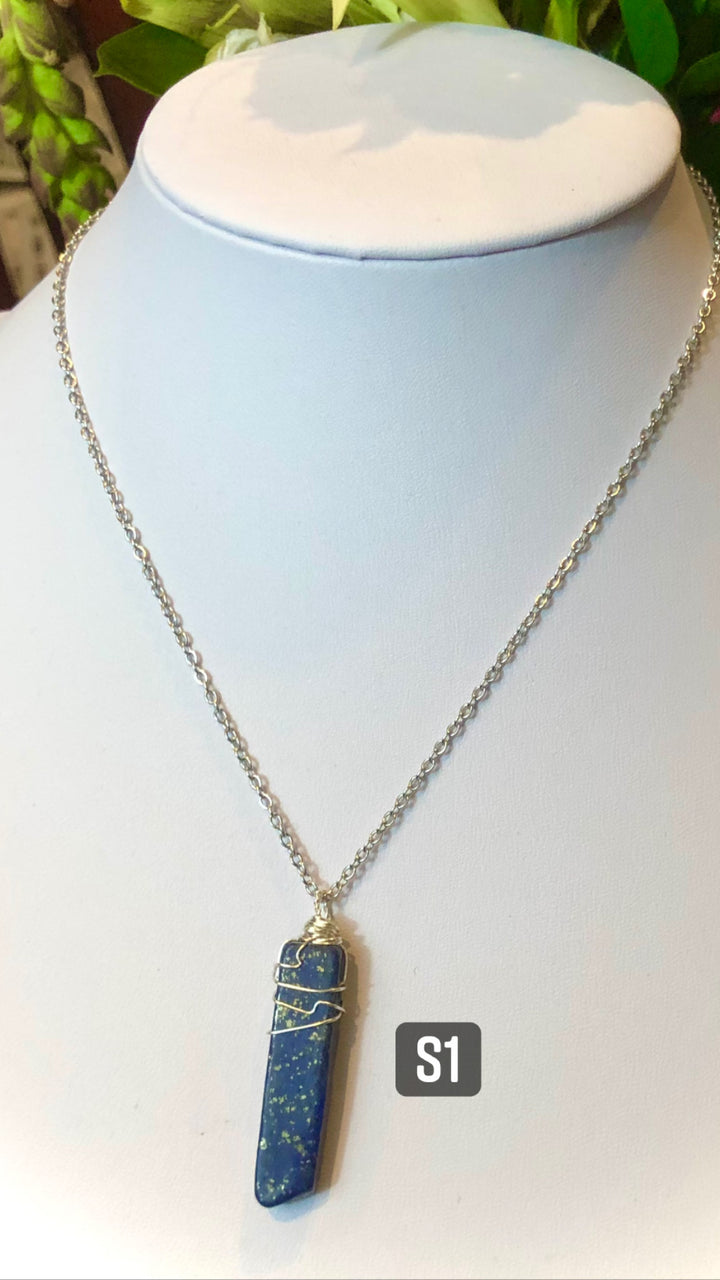 Rectangular Unisex LAPIS LAZULI- Silver Wire-Wrapped Pendant Necklaces-Stainless Steel Chain- Choice of Style