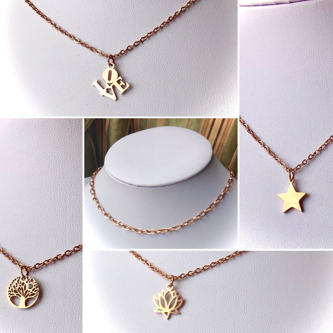 ROSE GOLD-Stainless Steel Layering Necklaces-Oval Link Necklace-Rolo Chain Charm Necklaces- LOVE/ STAR/ LOTUS/ TREE OF LIFE-Choice of Style-Sold Separately or as a SET