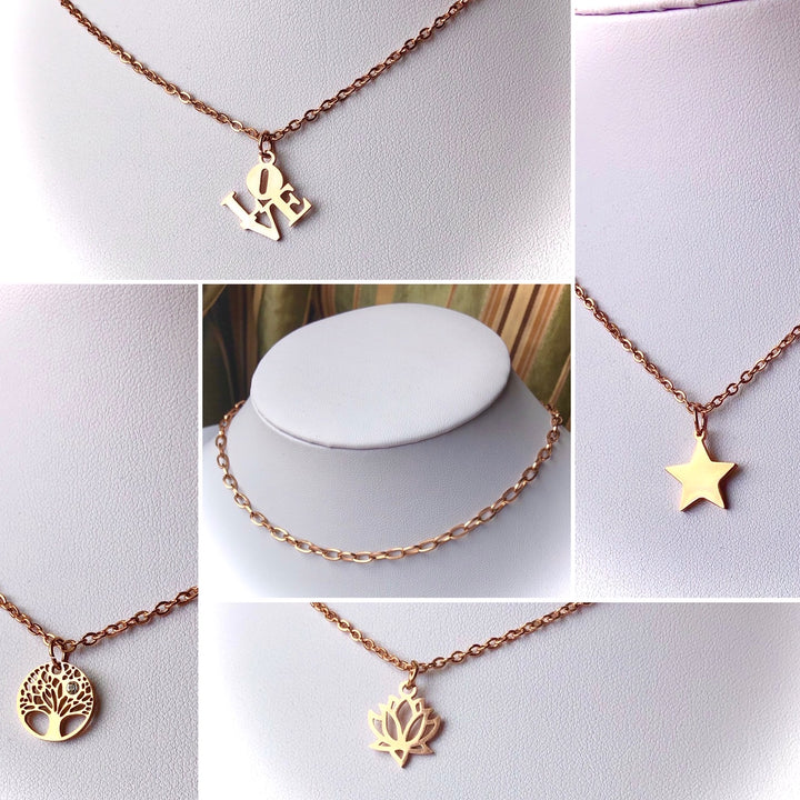 ROSE GOLD-Stainless Steel Layering Necklaces-Oval Link Necklace-Rolo Chain Charm Necklaces- LOVE/ STAR/ LOTUS/ TREE OF LIFE-Choice of Style-Sold Separately or as a SET
