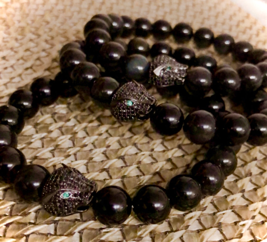 Unisex BLACK PANTHER PAVÉ GEMSTONE BRACELET- Black Obsidian