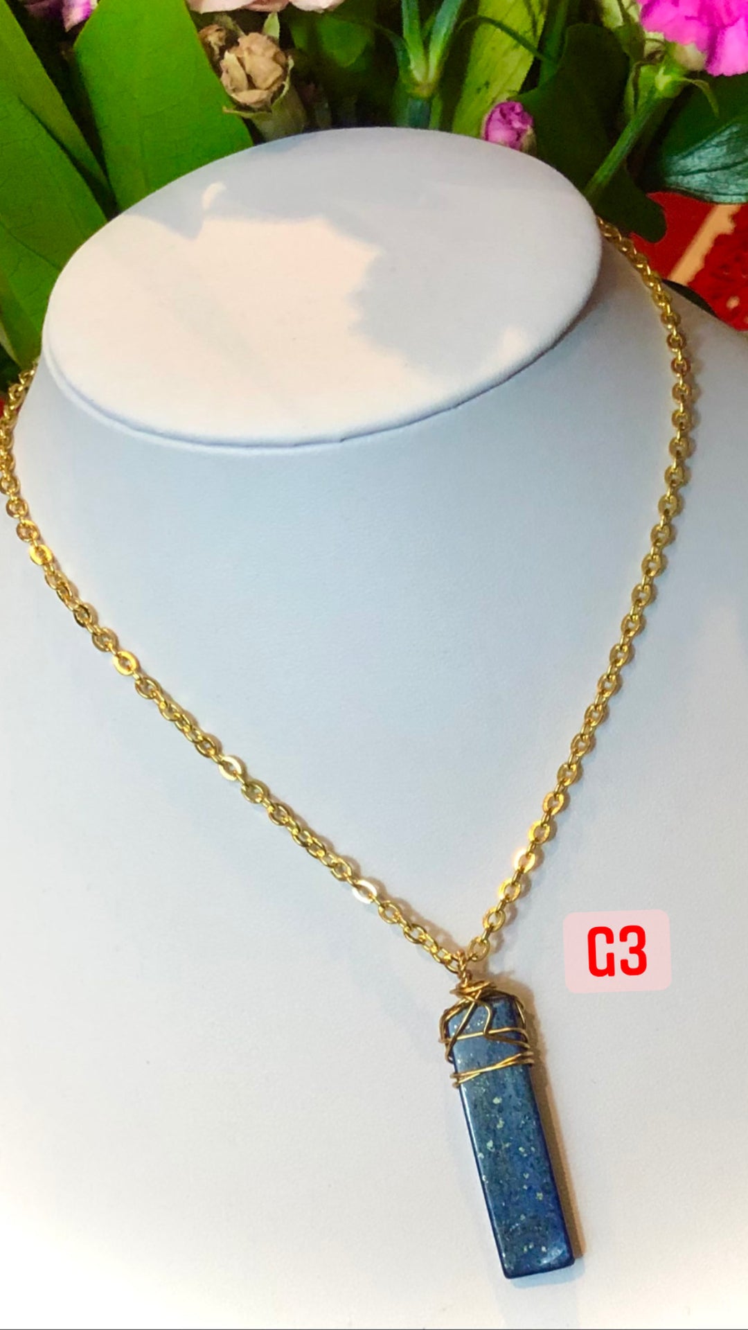 Rectangular Unisex- LAPIS LAZULI- GOLD-TONED- Wire-Wrapped Pendant Necklace-Stainless Steel Chain- Choice of Style