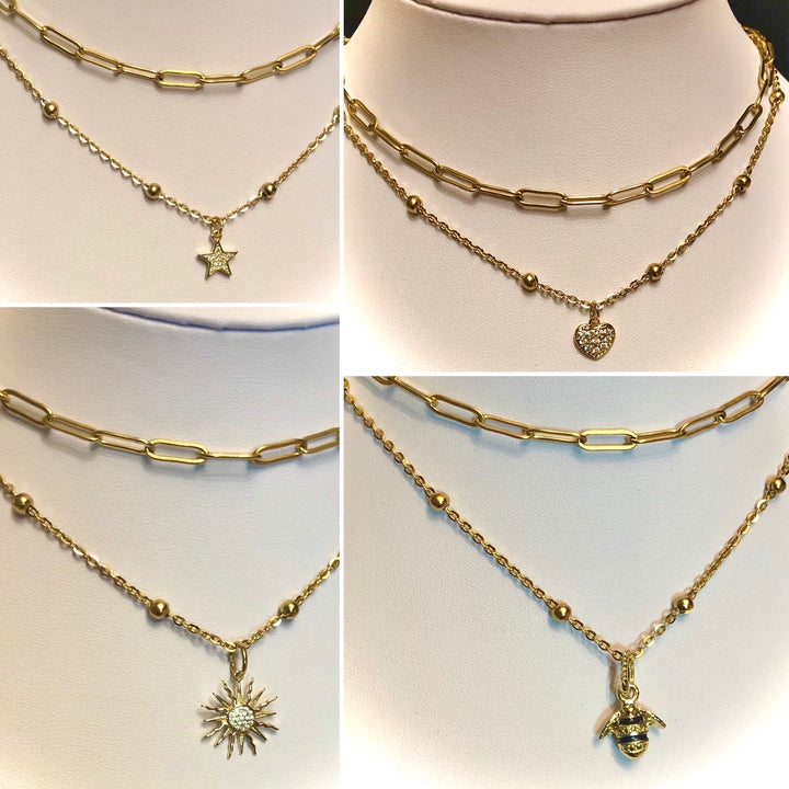 GOLD Stainless Steel Layering Necklaces / Paperclip Chain-Satellite Chain-Pavé Sun/ Queen Bee/ Star/ Heart- Sold Separately or as a SET