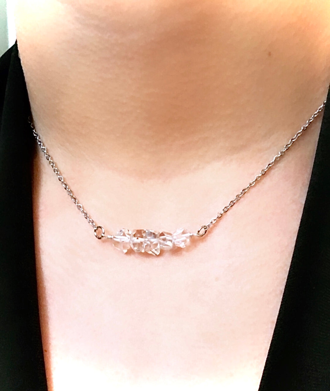 Herkimer Diamond-Minimalist Layering Necklace-Stainless Steel-15.5" (+2 inch extender)