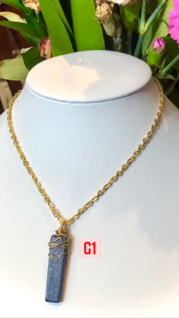 Rectangular Unisex- LAPIS LAZULI- GOLD-TONED- Wire-Wrapped Pendant Necklace-Stainless Steel Chain- Choice of Style