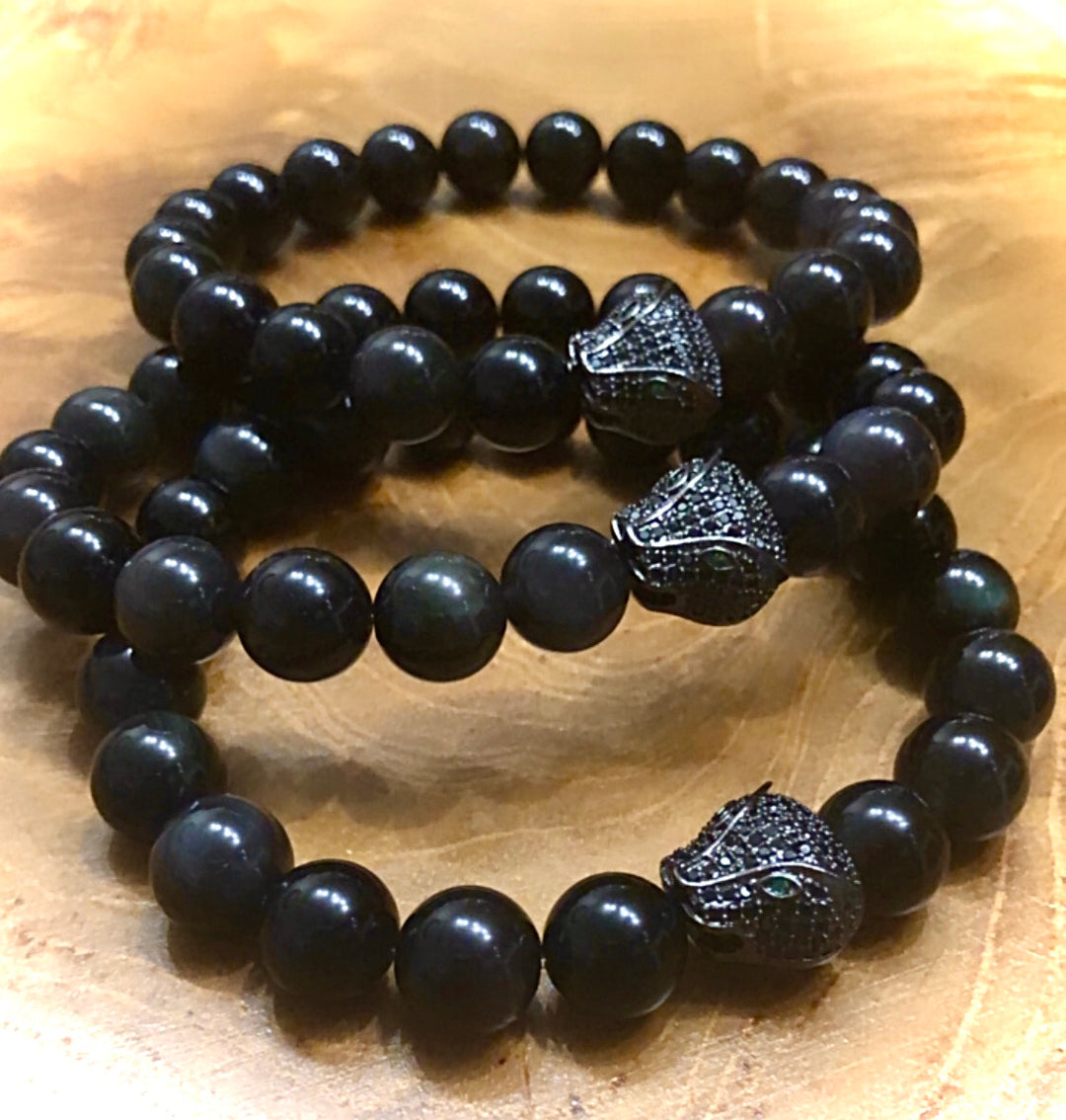 Unisex BLACK PANTHER PAVÉ GEMSTONE BRACELET- Black Obsidian
