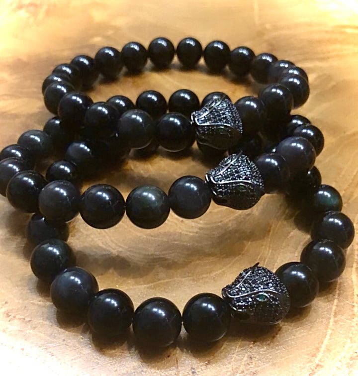 Unisex BLACK PANTHER PAVÉ GEMSTONE BRACELET- Black Obsidian