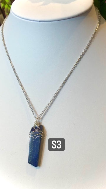 Rectangular Unisex LAPIS LAZULI- Silver Wire-Wrapped Pendant Necklaces-Stainless Steel Chain- Choice of Style