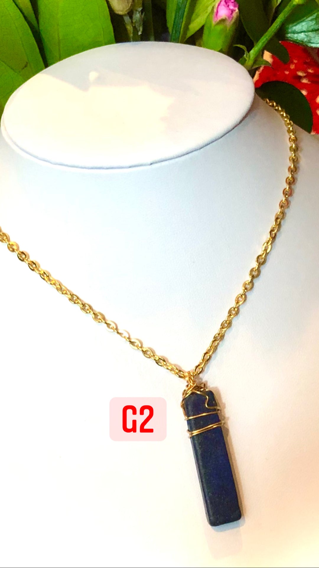 Rectangular Unisex- LAPIS LAZULI- GOLD-TONED- Wire-Wrapped Pendant Necklace-Stainless Steel Chain- Choice of Style