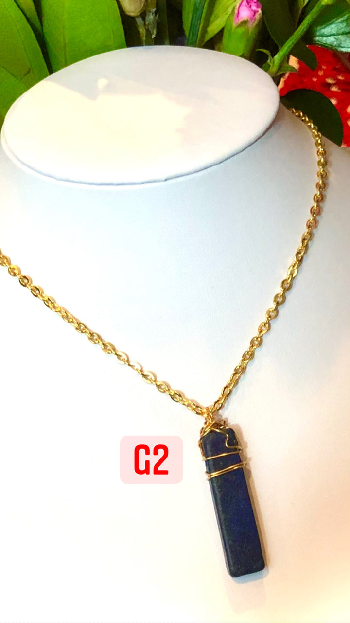 Rectangular Unisex- LAPIS LAZULI- GOLD-TONED- Wire-Wrapped Pendant Necklace-Stainless Steel Chain- Choice of Style