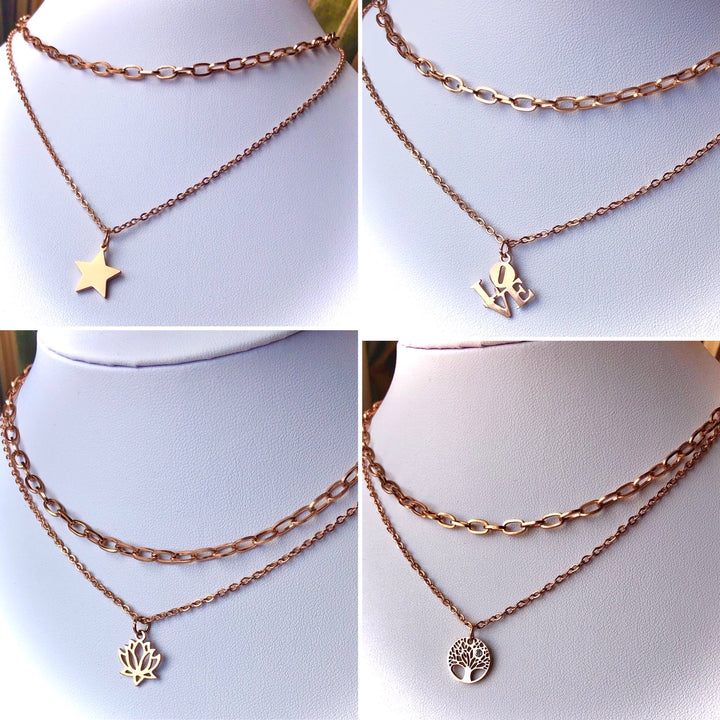 ROSE GOLD-Stainless Steel Layering Necklaces-Oval Link Necklace-Rolo Chain Charm Necklaces- LOVE/ STAR/ LOTUS/ TREE OF LIFE-Choice of Style-Sold Separately or as a SET