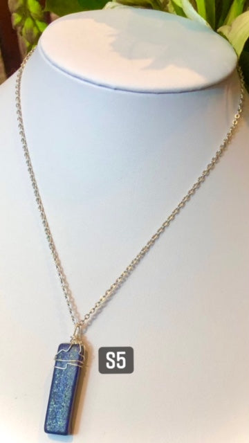 Rectangular Unisex LAPIS LAZULI- Silver Wire-Wrapped Pendant Necklaces-Stainless Steel Chain- Choice of Style