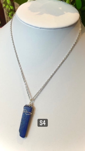 Rectangular Unisex LAPIS LAZULI- Silver Wire-Wrapped Pendant Necklaces-Stainless Steel Chain- Choice of Style
