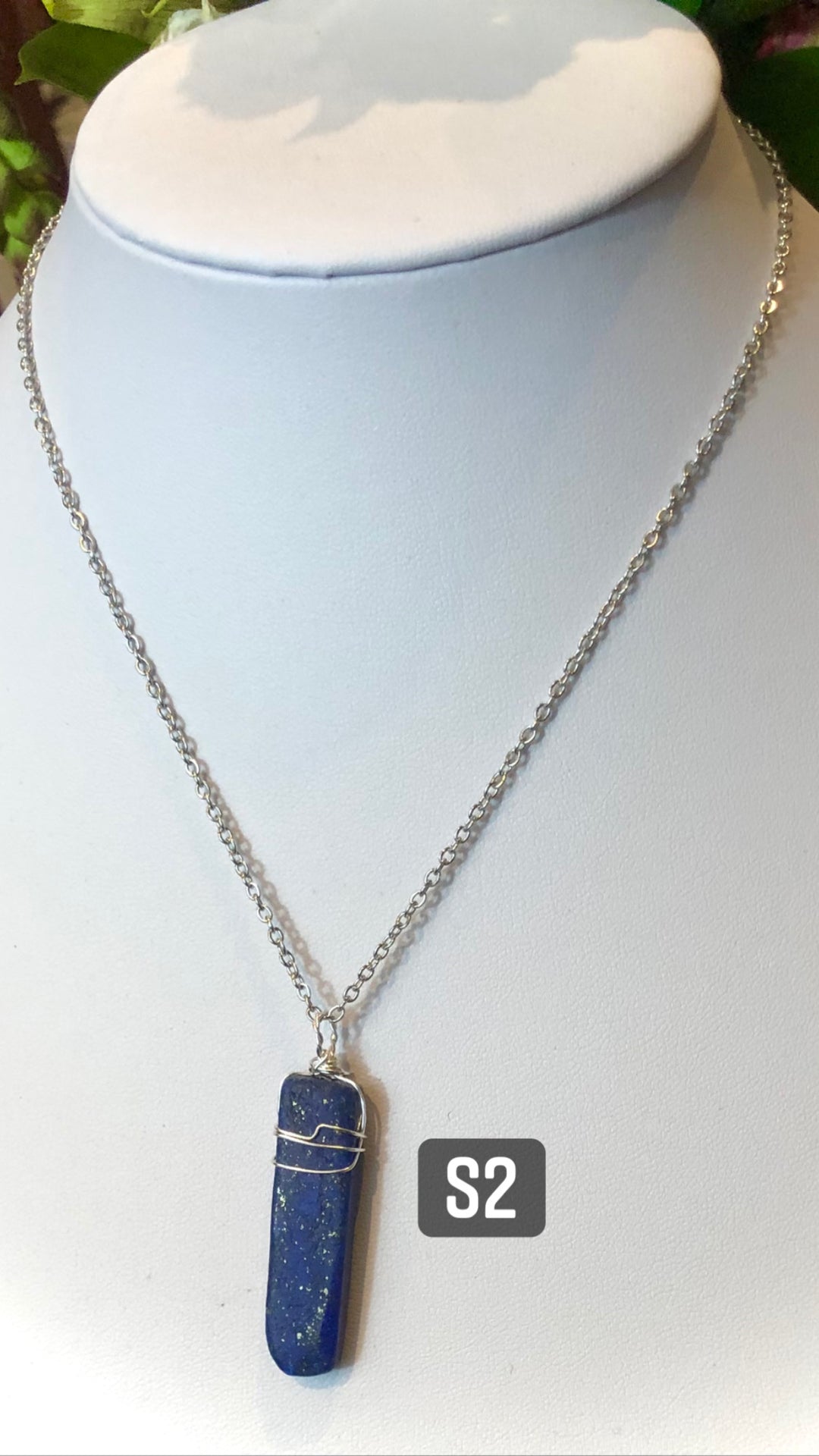 Rectangular Unisex LAPIS LAZULI- Silver Wire-Wrapped Pendant Necklaces-Stainless Steel Chain- Choice of Style