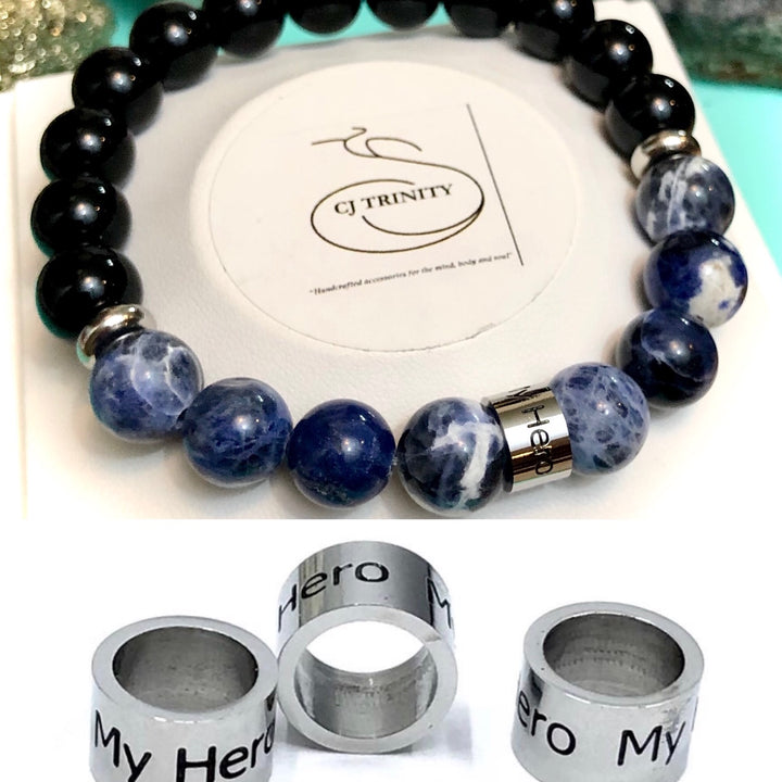 'MY HERO' - Stainless Steel Barrel Bead-Unisex Gemstone Bracelet-Choice of Gemstones