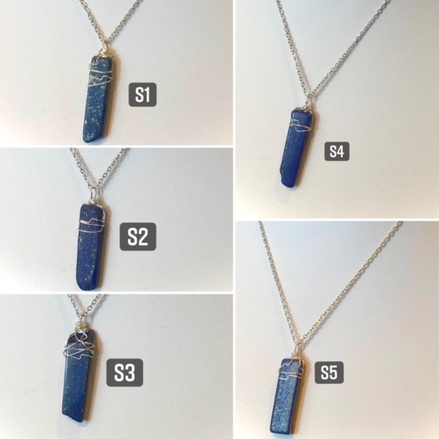 Rectangular Unisex LAPIS LAZULI- Silver Wire-Wrapped Pendant Necklaces-Stainless Steel Chain- Choice of Style