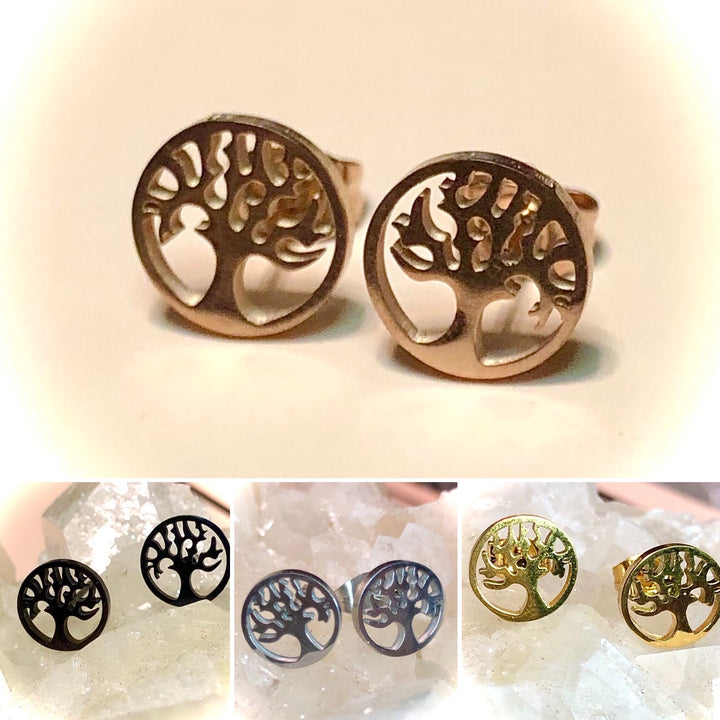 Tree of Life Stud Earrings-Stainless Steel Silhouette Earrings- Rose Gold-Silver-Gold-Black-Choice of Color