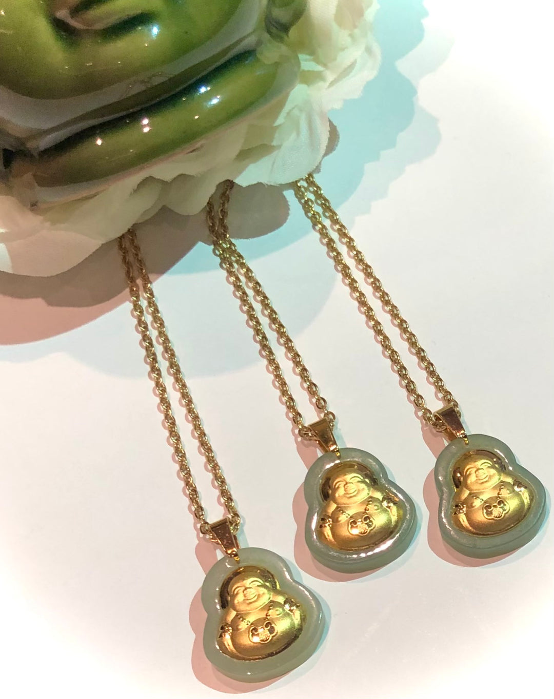 Unisex Green Jade Buddha Pendant on Gold Stainless Steel Chain - Choice of length - Prosperity Necklace