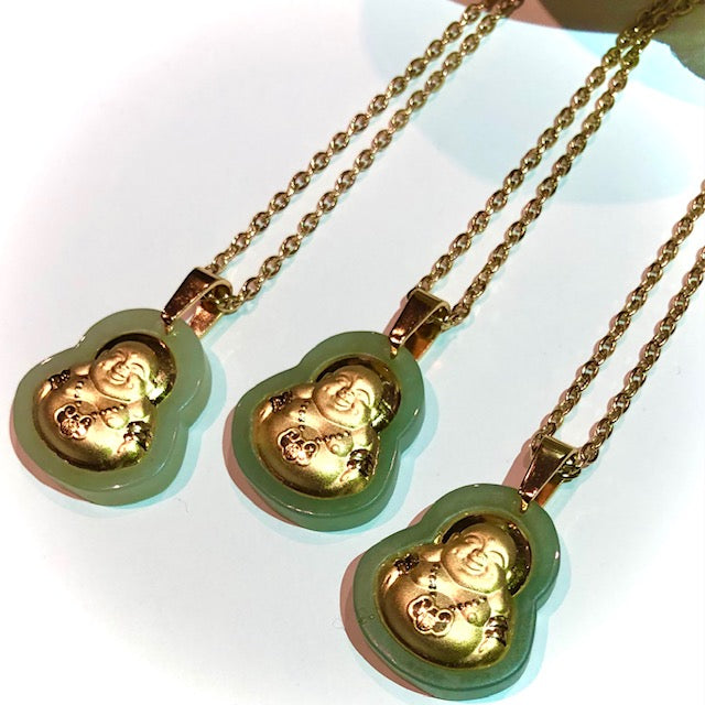 Unisex Green Jade Buddha Pendant on Gold Stainless Steel Chain - Choice of length - Prosperity Necklace