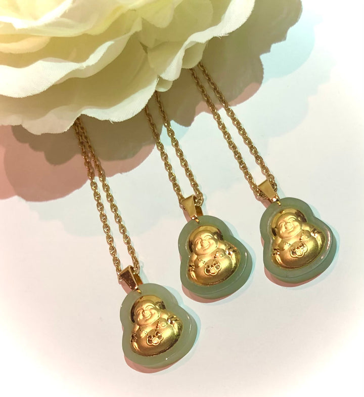 Unisex Green Jade Buddha Pendant on Gold Stainless Steel Chain - Choice of length - Prosperity Necklace