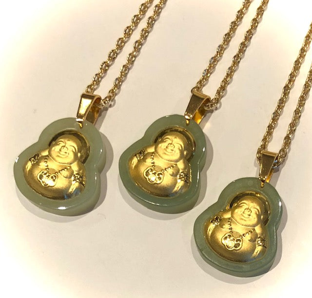 Unisex Green Jade Buddha Pendant on Gold Stainless Steel Chain - Choice of length - Prosperity Necklace