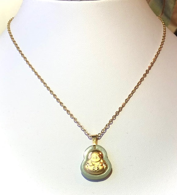 Unisex Green Jade Buddha Pendant on Gold Stainless Steel Chain - Choice of length - Prosperity Necklace
