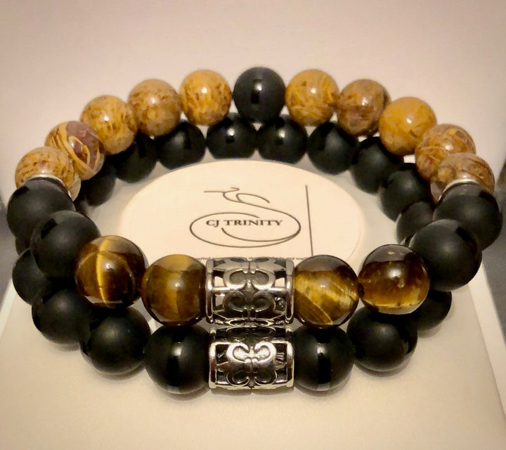 Men's Black & Brown Double Fleur De Lis Stacking Bracelets