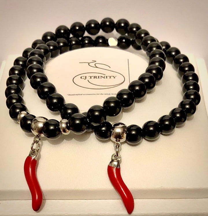 Red Italian Coricello with Black Tourmaline Charm Bracelet