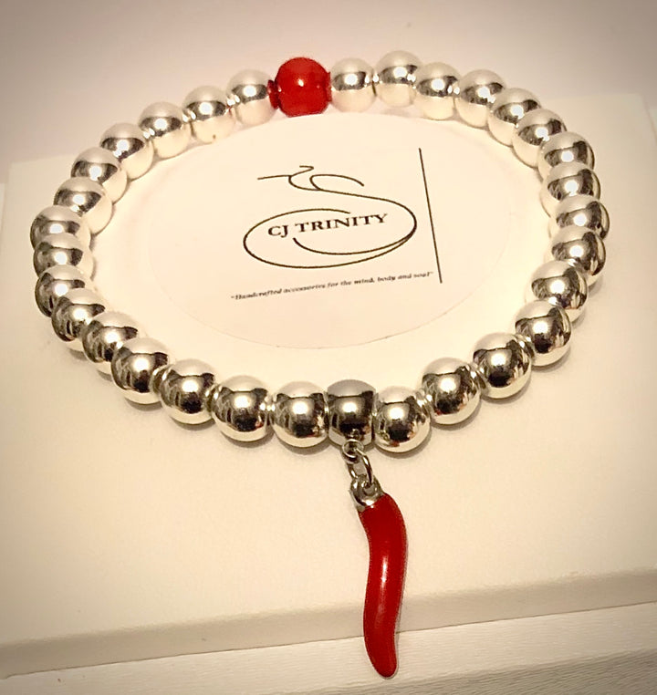 Red Italian Cornicello with Coral Charm Bracelet - Choice of Clear Quartz or Hematite