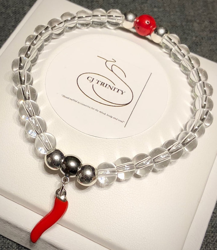 Red Italian Cornicello with Coral Charm Bracelet - Choice of Clear Quartz or Hematite