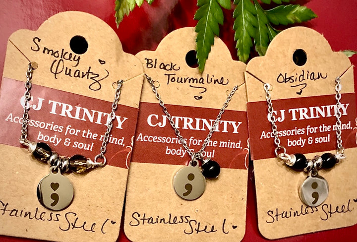 Mental Health Awareness Charm Necklace -Stainless Steel - Semi-Colon - Choice of Style and Gemstone
