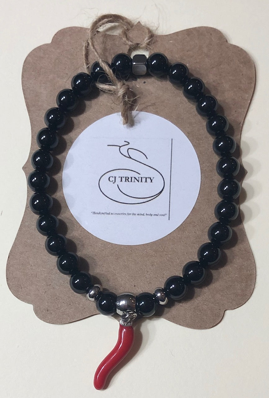 Red Italian Coricello with Black Tourmaline Charm Bracelet