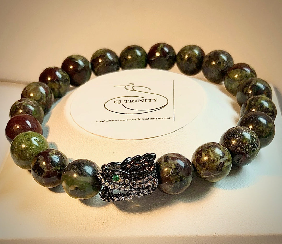 Men's Pave Dragon  Head Gemstone Bracelet -  Dragon Blood Stone Bracelet - Choice of Style