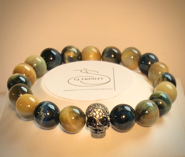 Men's Pavé Gunmental Skull with Honey-Blue Tiger's Eye