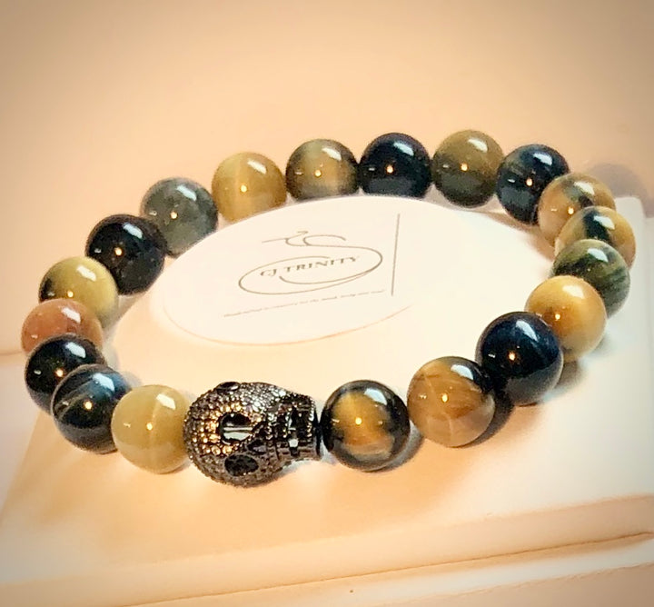 Men's Pavé Gunmental Skull with Honey-Blue Tiger's Eye