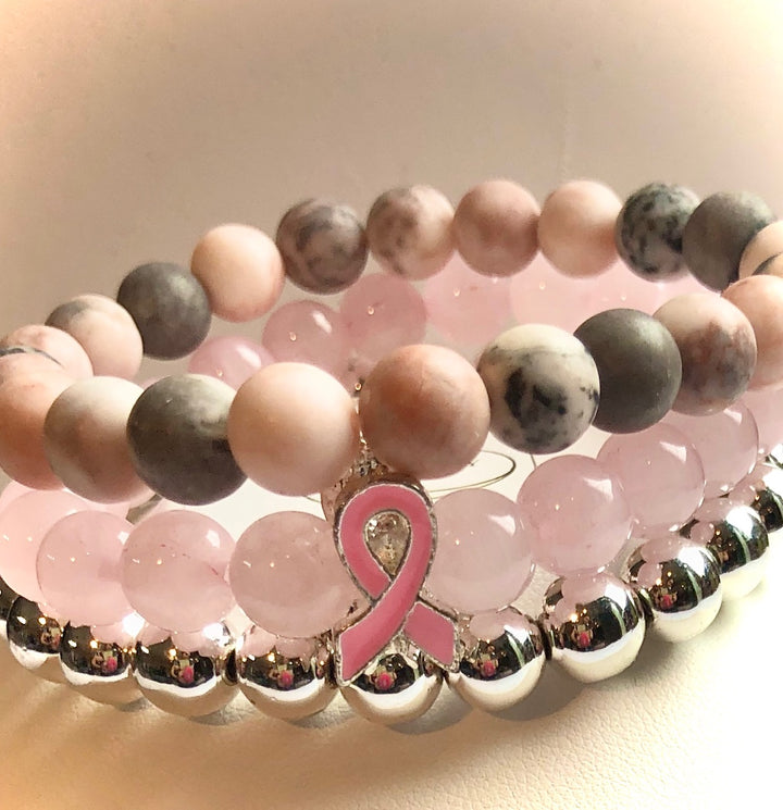 Pink Ribbon - Breast Cancer Awareness - Gemstone Bracelet - Choice of Set