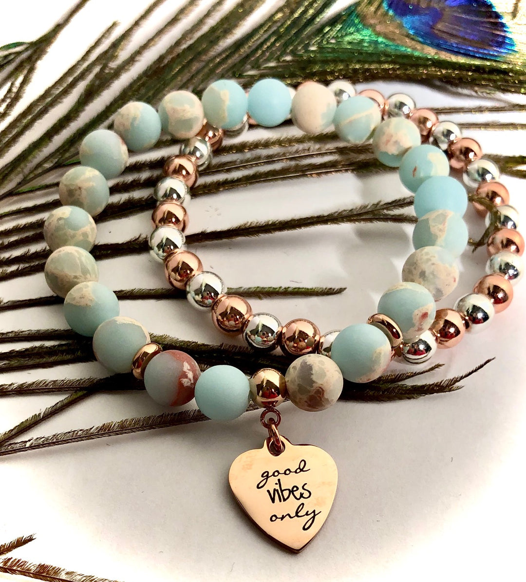 'Good Vibes Only' - Gemstone Charm Bracelet - Rose Gold