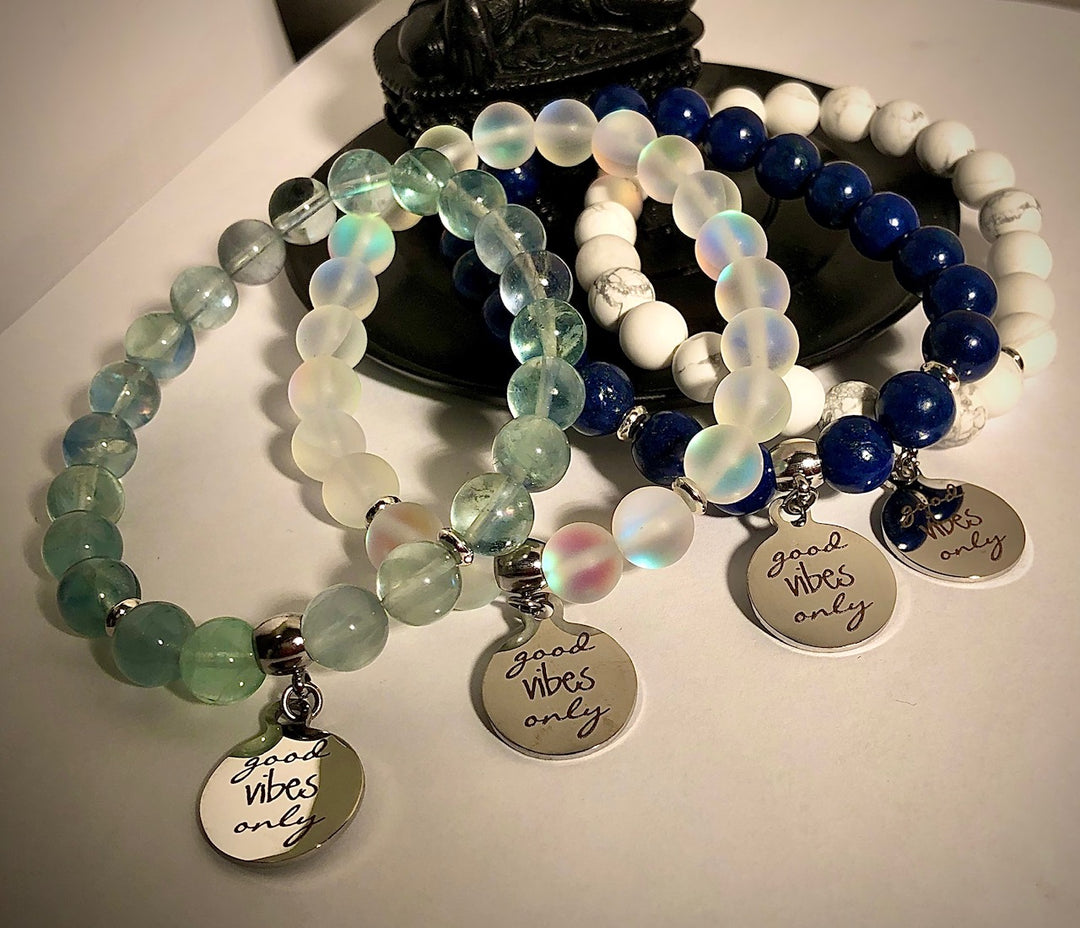 'Good Vibes Only' - Gemstone Charm Bracelet - Silver