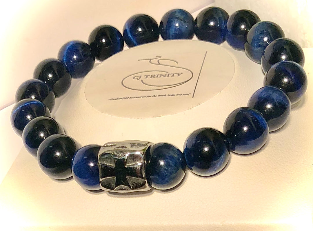 Unisex Blue Tiger's Eye Gemstone Bracelet - Choice of Focal Bead - Pavé - Stainless Steel