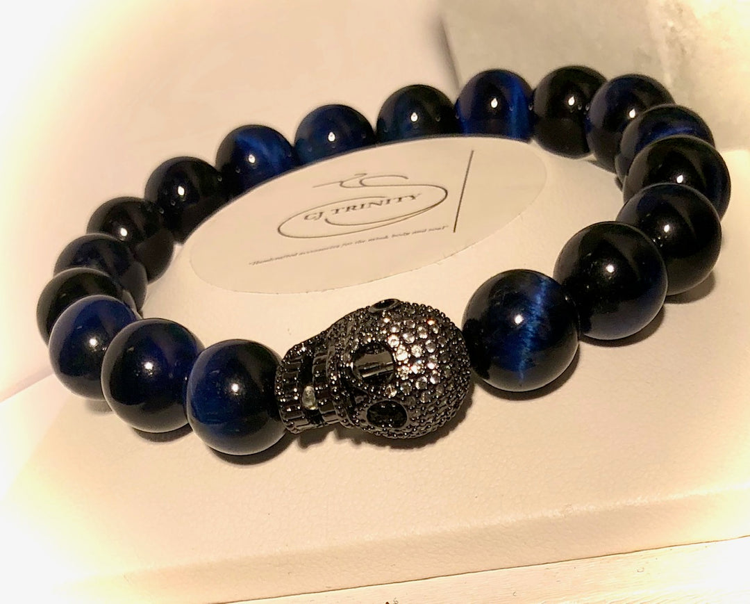 Unisex Blue Tiger's Eye Gemstone Bracelet - Choice of Focal Bead - Pavé - Stainless Steel