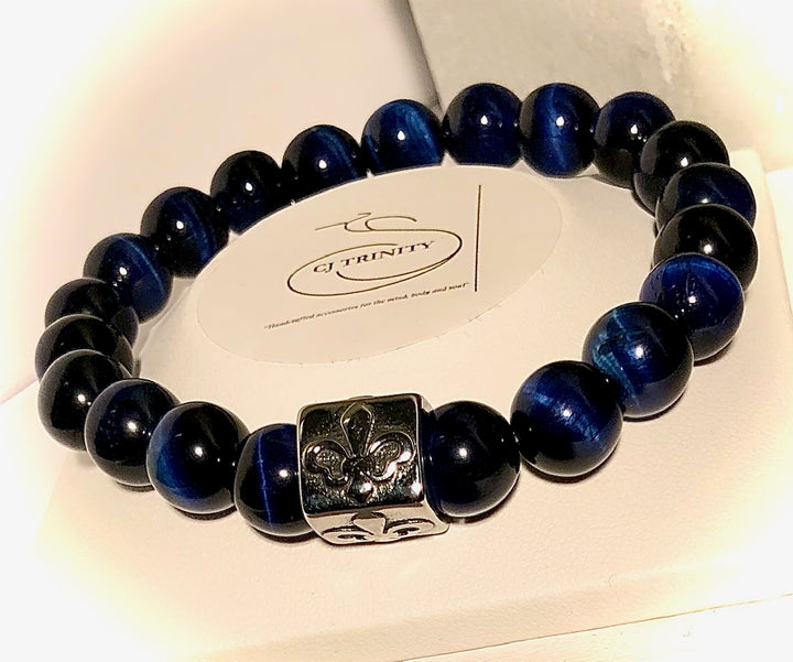Unisex Blue Tiger's Eye Gemstone Bracelet - Choice of Focal Bead - Pavé - Stainless Steel