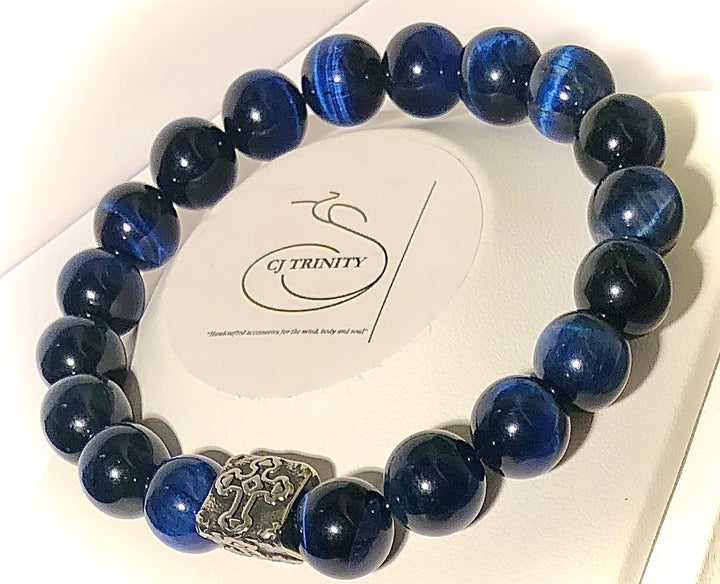 Unisex Blue Tiger's Eye Gemstone Bracelet - Choice of Focal Bead - Pavé - Stainless Steel