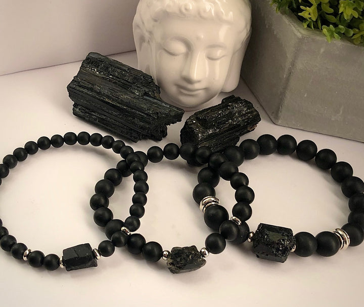 Unisex Black Tourmaline - Raw Focal Bead Stacking Bracelet