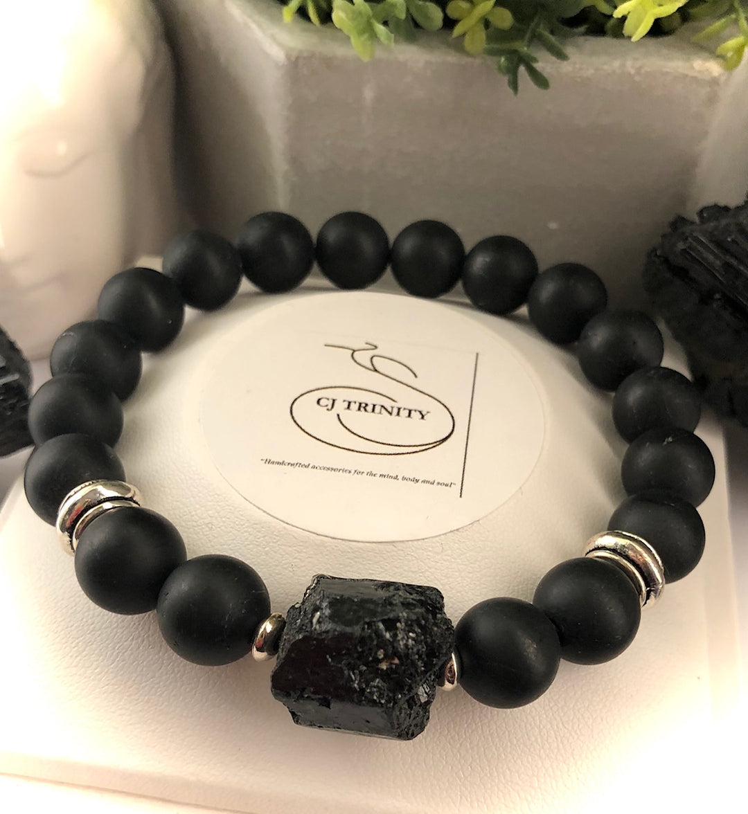 Unisex Black Tourmaline - Raw Focal Bead Stacking Bracelet