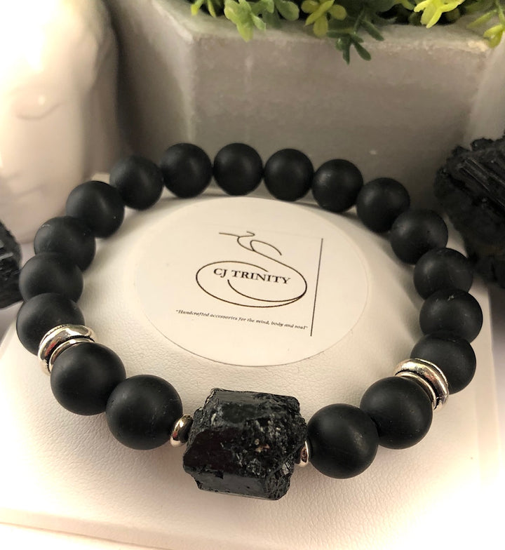 Unisex Black Tourmaline - Raw Focal Bead Stacking Bracelet