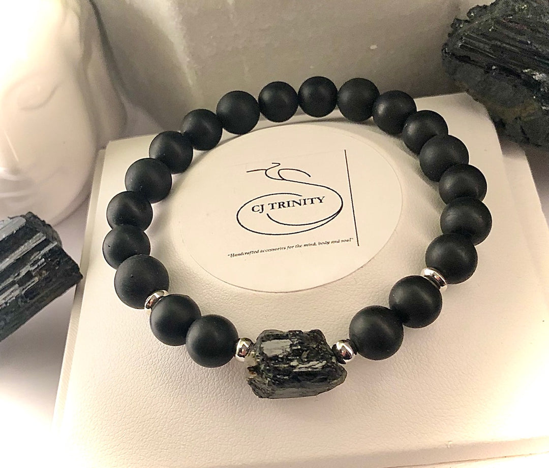 Unisex Black Tourmaline - Raw Focal Bead Stacking Bracelet
