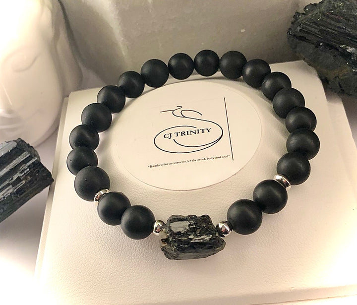 Unisex Black Tourmaline - Raw Focal Bead Stacking Bracelet